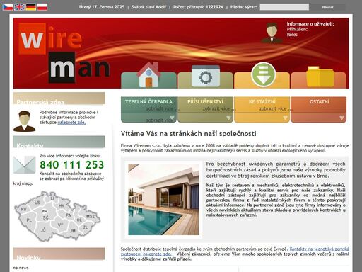 firma wireman s.r.o. byla založena v roce 2008 na základě potřeby doplnit trh o kvalitní a cenově dostupné zdroje vytápění a poskytnout zákazníkům co možná nejkvaklitnější servis a služby v oblasti ekologického vytápění.
