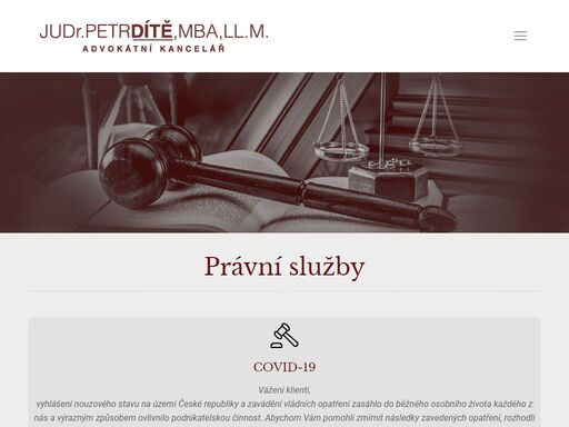 advokátní kancelář poskytuje komplexní služby počínaje právními konzultacemi přes sepisování smluv a právních rozborů, až po zastupování klienta v soudním či správním řízení nebo obhajobu v trestním řízení.