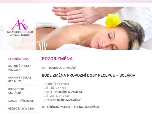 vítejte v ak studio, vašem prémiovém kosmetickém salonu, který nabízí širokou škálu služeb od profesionální kosmetiky po relaxační ošetření. užijte si naše exkluzivní péče o pleť, masáže, manikúru a mnoho dalších služeb v pohodlném a luxusním prostředí. navštivte nás a dopřejte si regeneraci těla i duše!