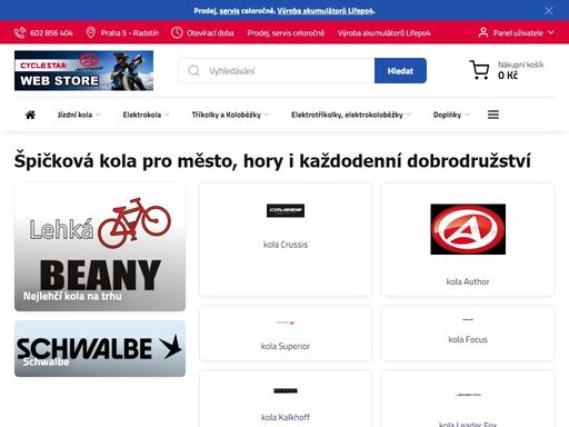 zabýváme se prodejem jízdních kol, tříkolek a elektrokol českých značek, nejlehčí kola na trhu beany, author, superior,leader fox, elektrokola crussis  a německých značek focus a kalkhoff. provádíme servis jízdních kol všech typů a značek a elektrokol s pohonnými systémy shimano, impulse, bosch a xion. dále provádíme motorizace kol, tříkolek, koloběžek, lehokol i zakázkových výrobků. zakázkové vyplétání kol a precizní centrování na centrovací stolici.repase akumlátorů pb, lifepo4, li-on.náhrada olověných akumulátorů za lifepo4.zakázková výroba lifepo4 akumulátorů s dlouhou životností