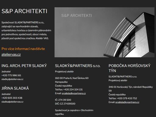 s&p architekti společnost sladký&partners s.r.o., zabývající se navrhováním staveb, urbanistickou tvorbou a územním plánováním pro jednotlivce, společnosti