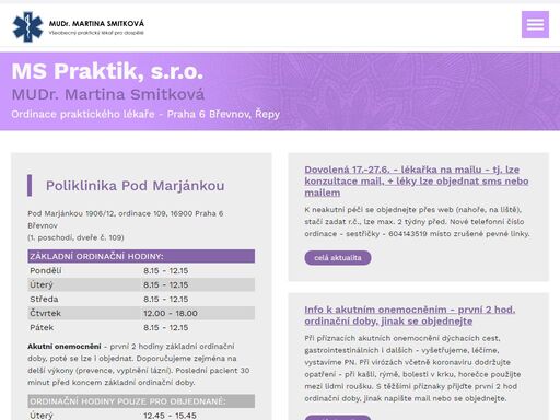ms praktik, s.r.o. - mudr. martina smitková praktický lékař pro dospělé, praha 6 břevnov, řepy