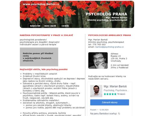 psycholog a psychoterapeut v praze. psychoterapie pro deprese, psychosomatické potíže, úzkost, partnerské problémy, životní krize. mgr. m. bartoš, praha.