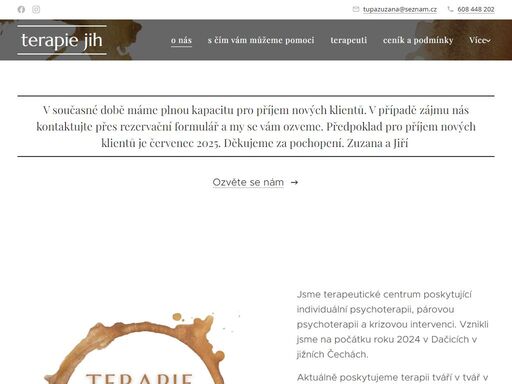 jsme terapeutické centrum poskytující individuální psychoterapii, párovou psychoterapii a krizovou intervenci. vznikli jsme na počátku roku 2024 v dačicích v jižních čechách.