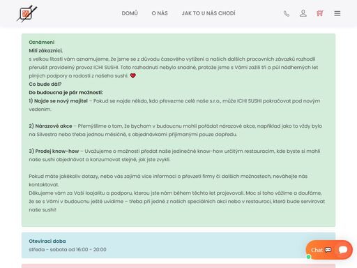 ichi sushi se sídlem na starém náměstí 14 v české třebové, online objednávkový systém s možným osobním odběrem i rozvozem.