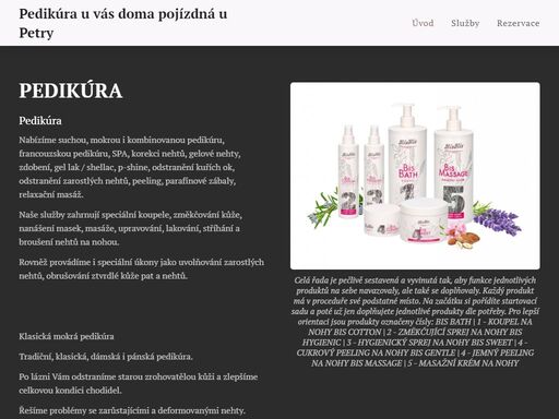 nabízíme suchou, mokrou i kombinovanou pedikúru, francouzskou pedikúru, spa, korekci nehtů, gelové nehty, zdobení, gel lak / shellac, p-shine, odstranění kuřích ok, odstranění zarostlých nehtů, peeling, parafínové zábaly, relaxační masáž.