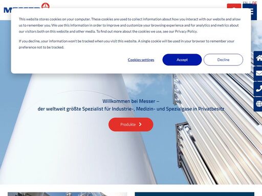 messer produziert industriegase wie sauerstoff, stickstoff, argon, kohlendioxid, wasserstoff, helium, schweißschutzgase, spezialgase, medizinische gase und viele verschiedene gasgemische