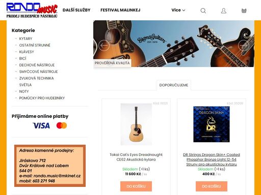vítejte v našem obchodě. vítáme vás na stránkách a v e-shopu firmy rondo music. jsme soukromá, ryze česká firma s nejdelšími zkušenostmi v oboru v širokém okolí. od roku 1992  provozujeme kamennou prodejnu ve dvoře |králové nad labem. zboží lze tedy koupit i na naší prodejně, kde vám ho rádi předvedeme a s úctou vás…