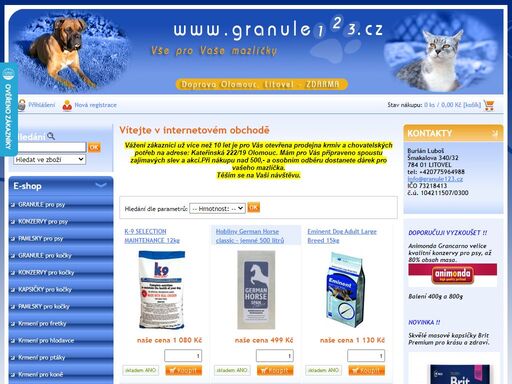 granule pro psy,kočky a ostatní domácí mazlíčky rozvoz zdarma olomouc litovel a okoli