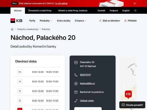 seznam a vyhledávání poboček a bankomatů komerční banky.