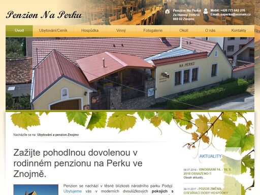 penzion na perku nabízí levné ubytování ve velmi pěkně zařízeném penzionu u znojma, který je propojen s restaurací, letní zahrádkou a příjemným vinným sklípkem.