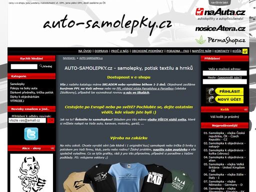 samolepky, potisk textilu a hrnků, katalog i zakázková výroba : auto-samolepky.cz - samolepky dárky k objednávkám výprodej dárkové předměty, trička potisk polepy na boky auta 