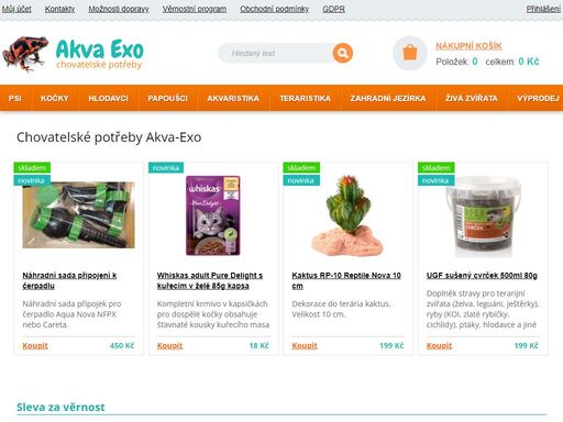 akva-exo je internetový obchod s kamennou prodejnou v brně (úvoz 68). nabízíme široký sortiment chovatelských potřeb pro psy, kočky, hlodavce i papoušky, potřeb pro akvaristiku, teraristiku a vybavení zahradních jezírek.