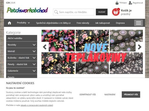 prodej látek na patchwork, bavlněná metráž, dekorační látky, galanterie, výztuhy, úplety, teplákoviny