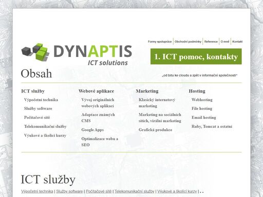 komplexní informační a telekomunikační řešení pro small/medium business. outsourcing ict, profylaxe, správa, dohled. hosting web, mail & database. online marketing a grafická produkce. webdesign, výroba eshopů a vývoj aplikací php/mysql/javascript. poradenství, konzultace, školení. windows/unix/mac. okamžitá reakce 24/7. spoken english.