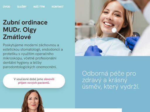 poskytujeme moderní záchovnou a estetickou stomatologii, endodoncii a protetiku s využitím operačního mikroskopu, včetně profesionální dentální hygieny a léčby parodontologických onemocnění.
