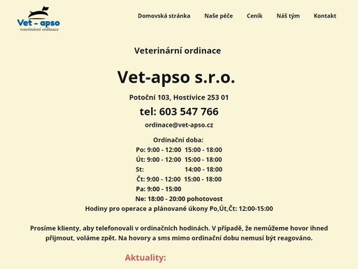 veterinární ordinace, veterina praha-západ, veterinární ordinace hostivice, veterina hostivice, mvdr. romana šourová, vet-apso