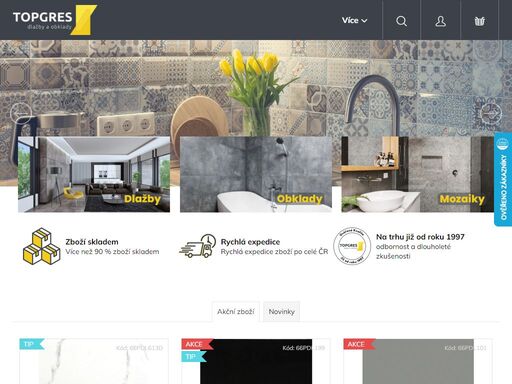 topgres – specialisté na obklady a dlažby. na našich stránkách najdete široký sortiment kvalitních dlažeb, obkladů, mozaiek a přírodního kamene. ať už vybíráte dlažbu do interiéru, exteriéru, nebo chcete přidat přírodní kámen do vašeho domova, u nás vždy najdete to pravé. nabízíme také stavební chemii od renomovaných…