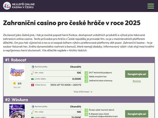 objevte top zahraniční casina pro české hráče – porovnání her, bonusů, platebních metod a bezpečnosti na jednom místě.