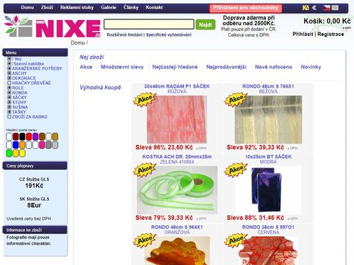 nixe.cz - obchod s obalovým, aranžovacím a doplňkovým materiálem. stuhy, archy, roličky, organzy, sáčky a jiné doplňky. 