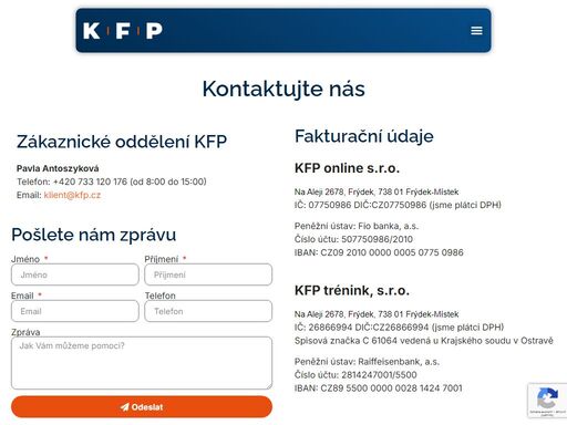 pavla antoszykovátelefon: +420 733 120 176 (od 8:00 do 15:00)email: klient@kfp.cz