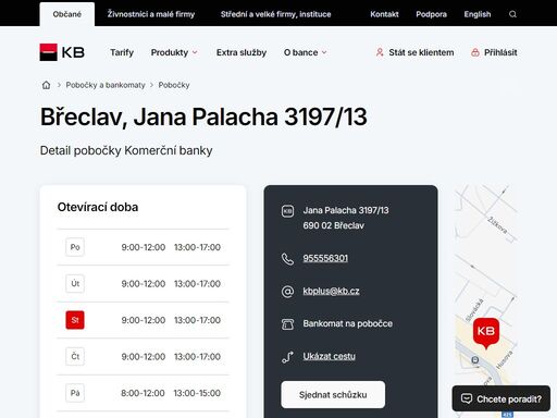 seznam a vyhledávání poboček a bankomatů komerční banky.