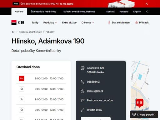 seznam a vyhledávání poboček a bankomatů komerční banky.