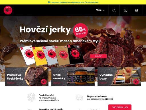 vychutnejte si hovězí jerky, sušené maso v americkém stylu, ve čtyřech příchutích. 100% česká výroba.