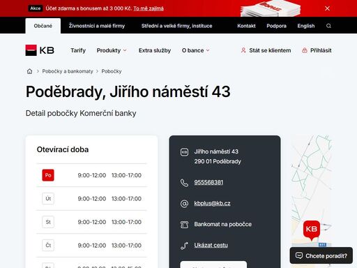 seznam a vyhledávání poboček a bankomatů komerční banky.