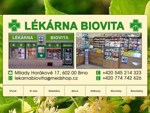 lékárna biovita z brna nabízí kompletní lékárenská péči včetně poradenství o lécích. léčivé přípravky, doplňky stravy, zdravotnické prostředky, léčebná kosmetika bioderma, doliva, eucerin, la roche-posay, vichy, homeopatické léčivé přípravky, čaje, dentální hygiena, obvazy, atd.