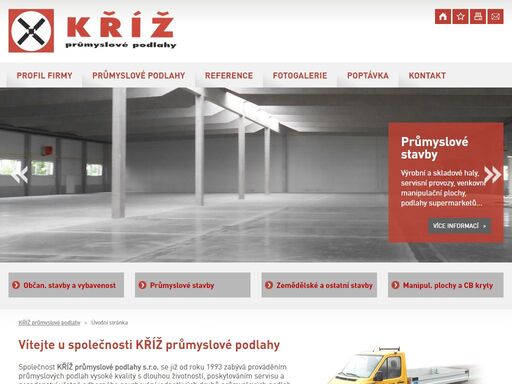 společnost kříž průmyslové podlahy nabízí provádění průmyslových podlah, servis a poradenství, provádění venkovních betonových manipulačních ploch a cb krytů.