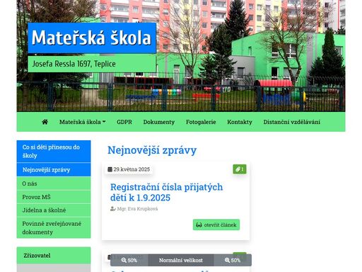 mateřská škola josefa ressla je v provozu od roku 1989. nachází se v teplicích upros