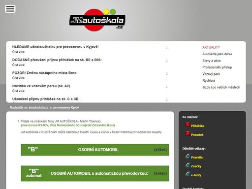 jm autoškola má provozovny v těchto městech: brno, kyjov, šlapanice, sokolnice, krumvíř. jm autoškola provádí výcvik skupin am, a1, a2, a (motorky), b, b automat, b ozp (ruční řízení), be, b96 (vleky). dále kondiční jízdy, vratky řidičáku...