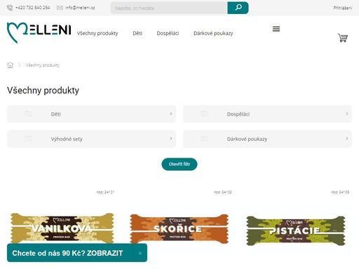 melleni, meleni, meleny, tyčinky, tycinky, zdrave tycinky, proteinove tycinky, tycinky pro deti, protein br, fruit bar ?? vaše oblíbené proteinové tyčinky s 60% slevou, čistíme sklady!. pro dospěláky
pro děti
kontakty
objednávky a obchodní zastoupení
lenka linartová obchod@melleni.cz +420 604 286 336
vedení společnosti
barbora nývltová info@melleni.cz +420 732 840 264
doprava…
