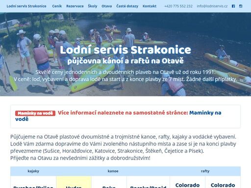 půjčovna lodí otava - lodní servis strakonice a sušice. půjčujeme na otavě plastové dvoumístné a trojmístné kanoe, rafty, kajaky a vodácké vybavení. lodě vám zdarma dopravíme do 7 míst po celé délce řeky. přijeďte na otavu za nevšedními zážitky a dobrodružstvím!
