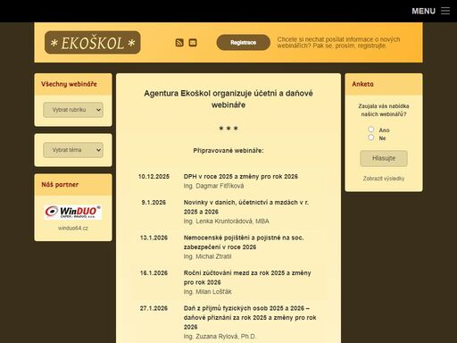 agentura ekoškol. účetní a daňové webináře ostrava. dph, daň z příjmů, roční zúčtování mezd, účetní závěrka, zdravotní pojištění, sociální zabezpečení.