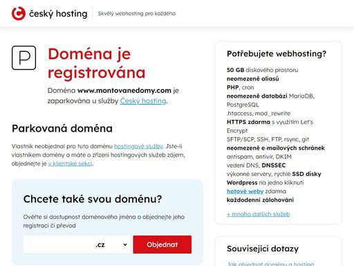 doména www.montovanedomy.com je parkována u služby český hosting. vlastník k doméně neobjednal hostingové služby.
