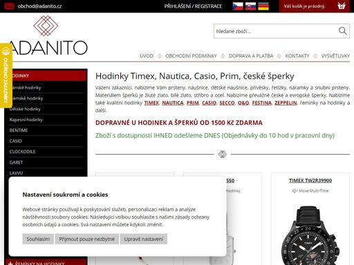 hodinky timex, nautica, prim, casio, secco, zeppelin, české šperky, prsteny, náušnice, dětské náušnice, řetízky, náramky, snubní prsteny
