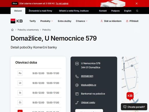 seznam a vyhledávání poboček a bankomatů komerční banky.