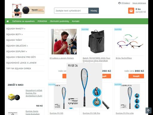 vybavení pro squash, squashové rakety, míčky, obuv, brýle, squash tašky, squash trenér