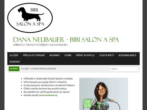 bibi salon a spa: stříhání a trimování pejsků malých plemen, vířivé koupele pro pejsky (léčivé i relaxační), prodej šamponů, kondicionérů a kvalitních hřebenů, čištění zubního kamene bez použití narkozy, na požádání lze vyfotit pejska před i po úpravě, masáže pesjků (www.trotaraw.cz).