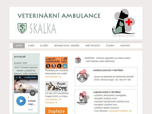 veterinární ambulance skalka, mvdr. renata kvapilová, veterinární ordinace pro malá zvířata, rehabilitace, masáže