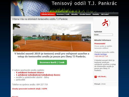 webové stránky tenisového oddílu tj pankrác