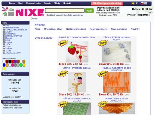 nixe.cz - obchod s obalovým, aranžovacím a doplňkovým materiálem. stuhy, archy, roličky, organzy, sáčky a jiné doplňky. 