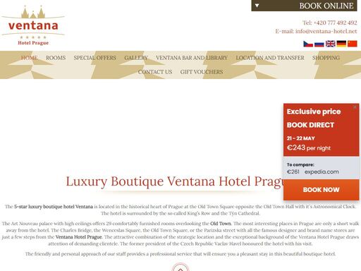 luxury boutique hotel ventana is located in the historical heart of prague at the old town square, next to the charles bridge and the wenceslas square