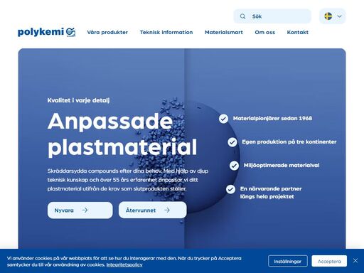 polykemi erbjuder skräddarsydda och anpassade plastmaterial med hög kvalitet sedan 1968. med produktion pa tre kontinenter och djup teknisk kunskap, anpassar vi material efter dina behov. utforska hallbara alternativ, simulera besparingar och fa teknisk radgivning genom hela projektet. besök var hemsida för datablad, materialutveckling och färgprogram.