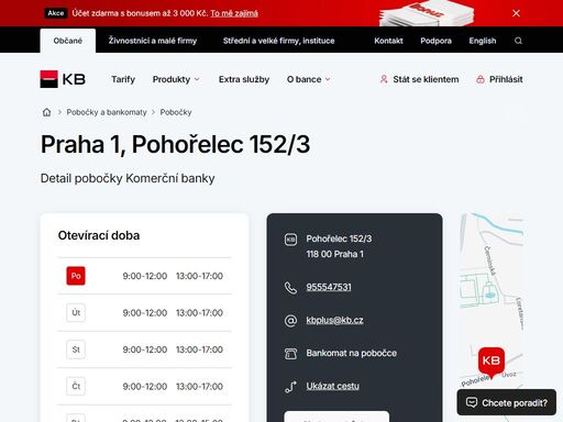 seznam a vyhledávání poboček a bankomatů komerční banky.