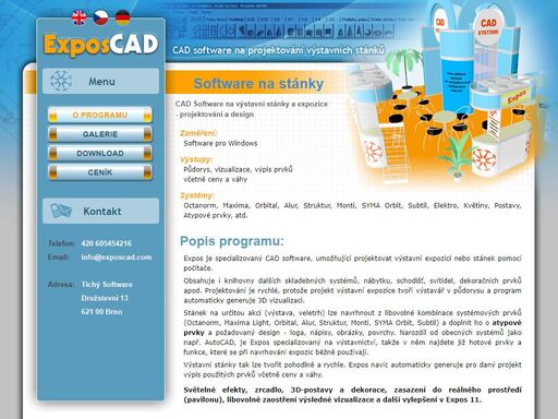 expos je cad software, umožňující projektování a design výstavních stánků pomocí počítače. stánky lze projektovat z prvků octanorm, maxima, orbital, alur, struktur, monti, syma, subtil, nábytek, schodiště, svítidla, dekorace. expos generuje výpis použitých prvků