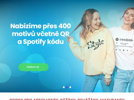 nabízíme potisk pro páťáky, absolventy, deváťáky i maturanty. kacheldesign vám potiskne tričko či mikinu jednobarevným nebo barevným motivem.