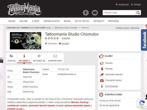 tattoomania studio chomutov - chomutov, ústecký kraj | informace - profesionální studio , které se nachází na ulici vršovců 254 v chomutově. individuální přístup ke každému zákazníkovi a příjemné prostředí. v našem studiu provádíme tetování, piercing i nastřelování naušnic, odstranění tetování laserem. a nově i aplikace dentálního šperku ( kamínek na zub ) .